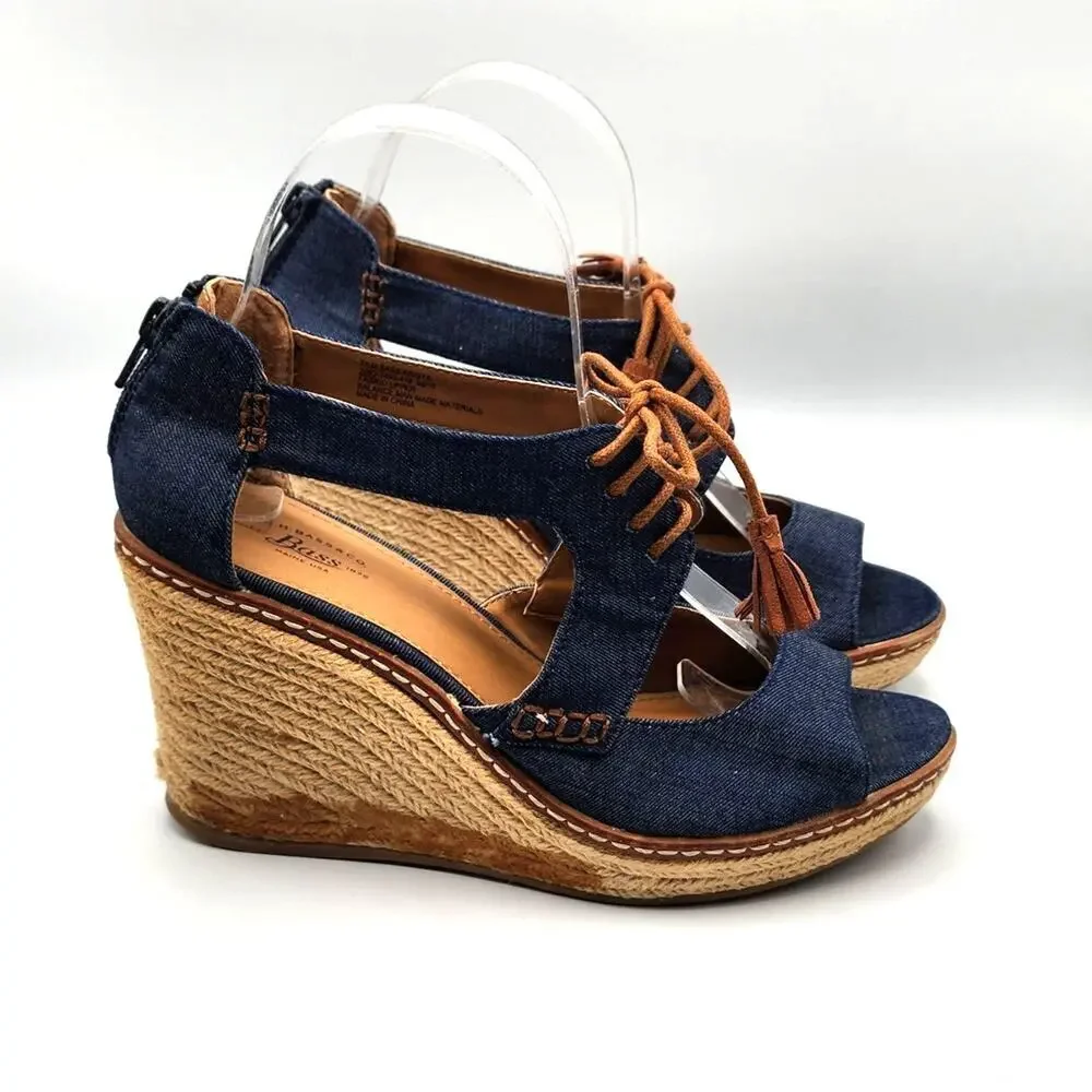 GH Bass Krista‎ Denim Espadrille Wedge Heel Open Toe Tie Front Zipper Size 7.5
